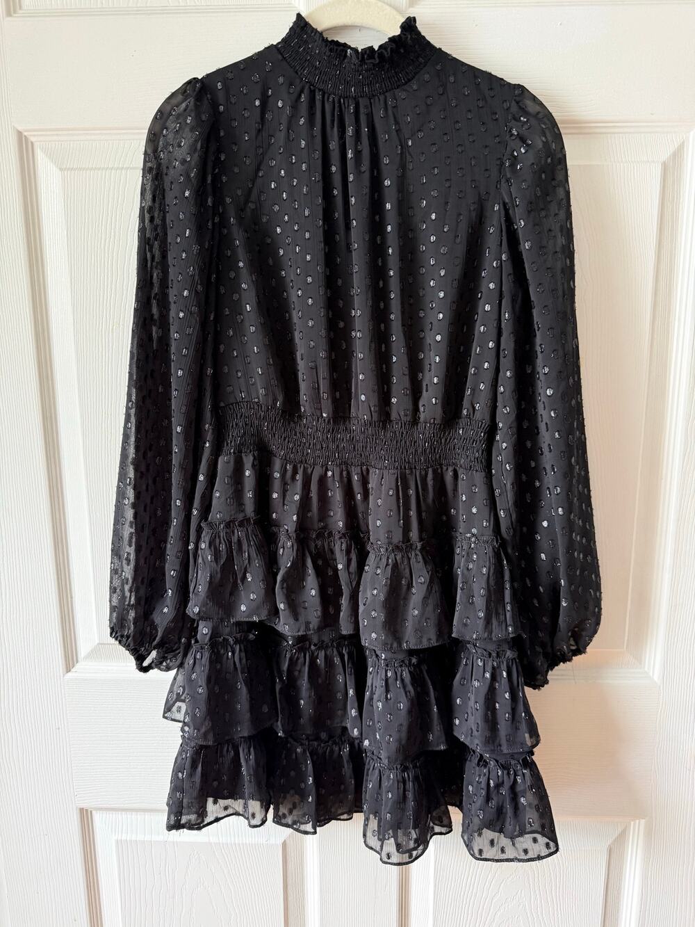 Express Black Mock Neck Tiered Ruffle Sheer Mini Dress XS Coquette Victorian